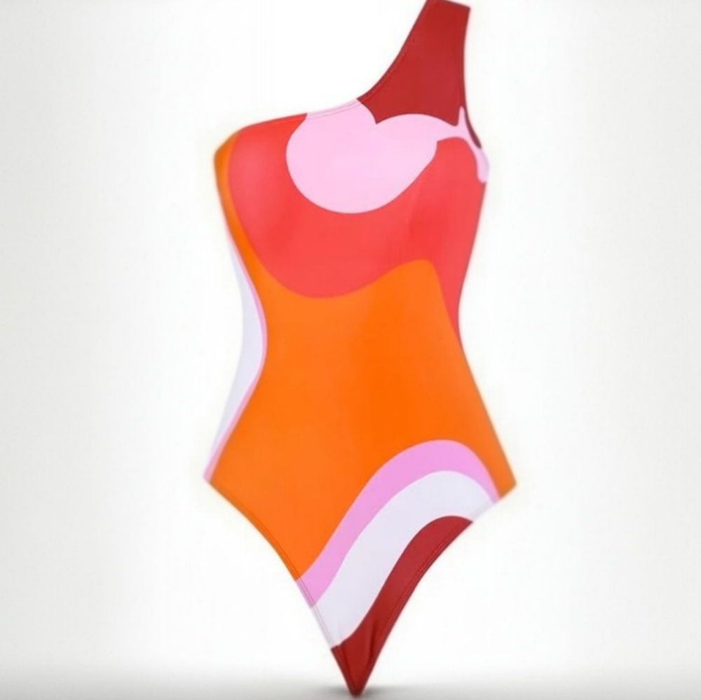 Swimsuit One-Shoulder One Piece Red Pink Orange Large NWOT